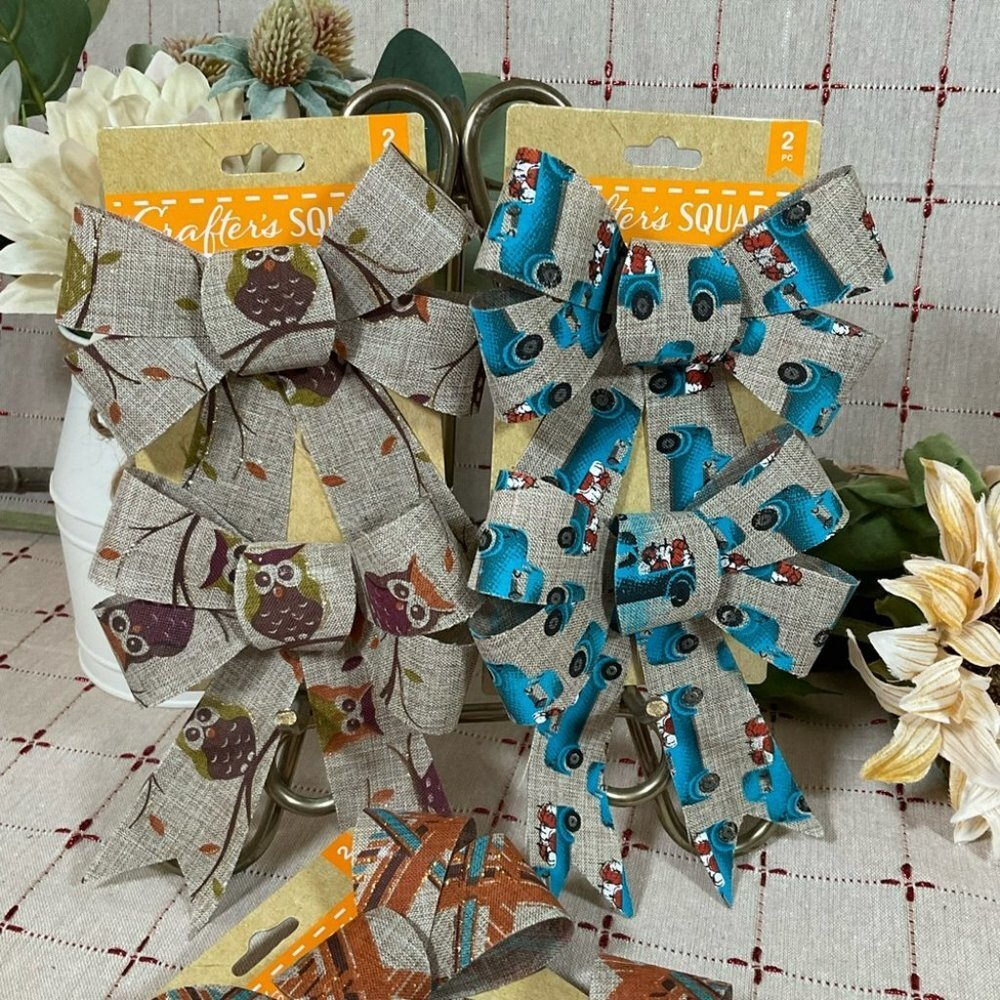 Crafters Decorative Bows Fall Time Harvest Owls Ribbons & Blue Pickup Pumpkins - Picture 2 of 3